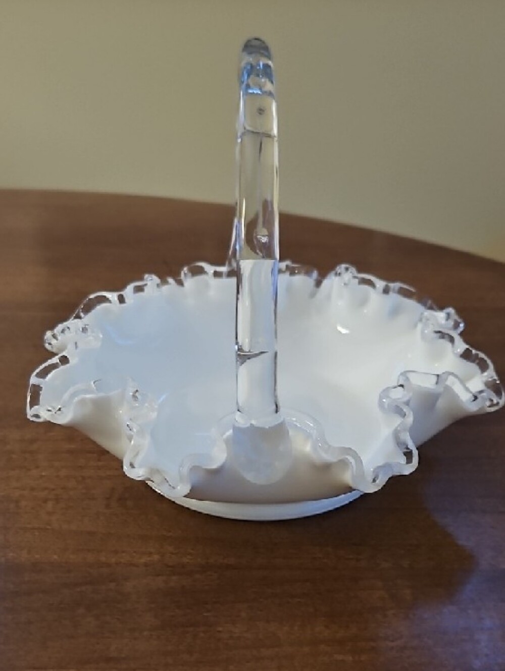 Fenton Silvercrest White Milk Glass Ruffled Edge Basket with Clear Handle - Picture 3 of 7
